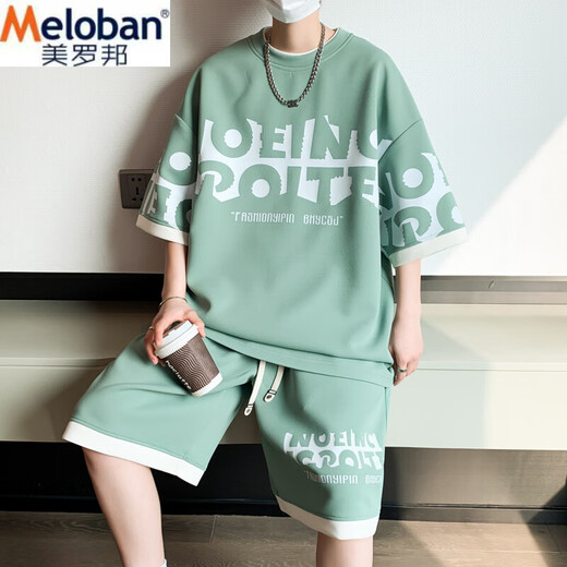 美罗邦 MELOBAN青少年夏季新款男士薄款宽松潮流帅气港风印花运动休闲百搭套装潮 9926米色 M 参考90-100斤左右