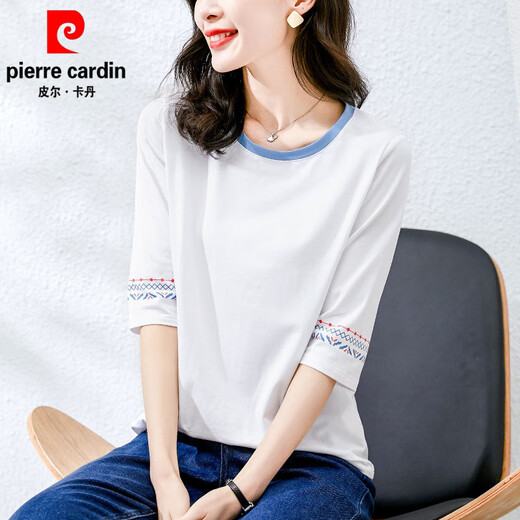 皮尔卡丹（pierre cardin）纯·棉中袖t恤女士宽松短袖半袖春秋装2025新款七分袖夏季上衣 W6172冰蓝+1XS328白色 M