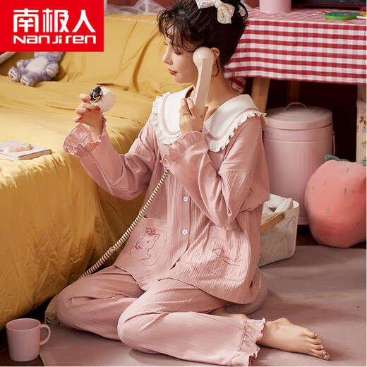 Antarktische Pyjama Frauen Frühling und Herbst reines Baumwoll-Langarm-Heimkleidung Vollte Baumwolle großer Größe 2024 neuer Set JM3527 M [80-98jin [Jin entspricht 0,5 kg]]