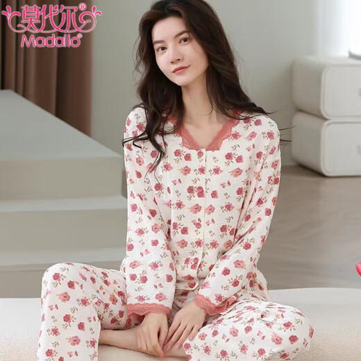Modal spring and autumn pajamas for women long-sleeved cardigan lace V-neck women's casual suit skin-friendly and breathable home clothes can be worn outside 14701 M 80-100Jin [Jin equals 0.5 kg]