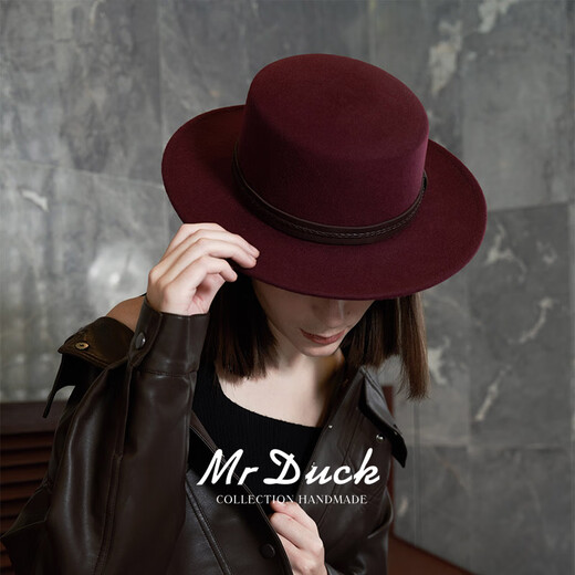 Mr DUCK French style full flat hat for women Retro calfskin webbing flat brimmed top hat for women MW362171-Enamel Burgundy (Wool Style) S(52-54cm)