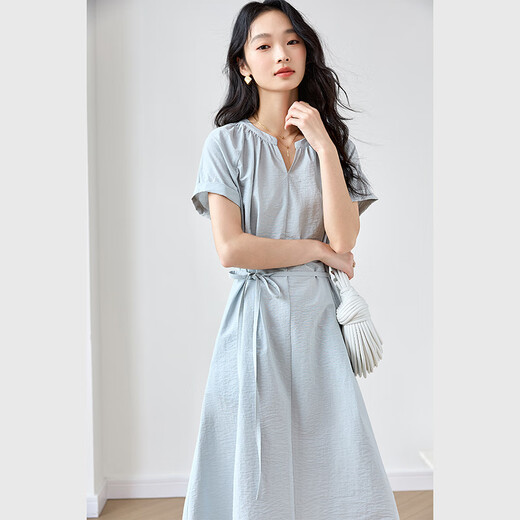 Vanciman light blue French V-neck dress for women 2025 summer new waistband lace slim casual long skirt M9733 light blue L