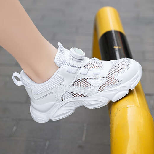 Linbuxan Boys Weiße Single Mesh Schuhe Sommer 2025 neues hohles Mesh atmungsaktiven Zyklonknopf Teen Sport Weiße Schuhe 736 Schwarz [Frühjahr und Herbst -Doppel -Netz] 31 innere Länge 19,8 cm