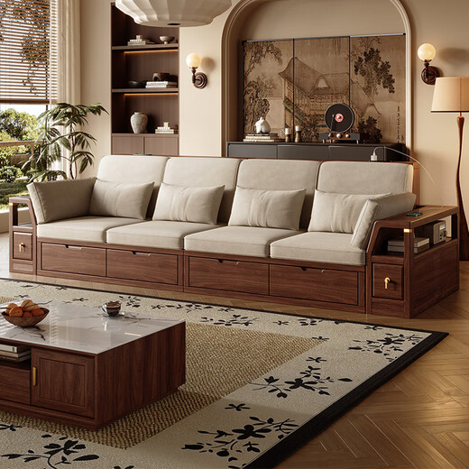 Kleines Holzwofa, mittelalterliche schwarze Walnuss-Massivholz-Sofa Wohnzimmer 2025 Neue Sommer-Doppelpur-Lagermöbel, Vier-Personen-Sitz