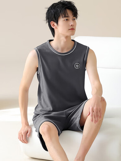 Pyjamas Herren Sommer Reine Baumwollhülsenweste Sommer Teenager Großgröße Dünne Freizeitkleidung für Herren, Set Ydy13657 XL Code (empfohlen 120-140jin [Jin gleich 0,5 kg]) Gleiche Größe