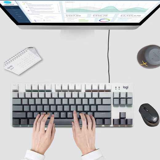 罗技（Logitech） K835 机械键盘 有线游戏键盘 TTC轴 84按键办公键盘 拼色键盘 罗技K835青轴-晨曦灰键帽款