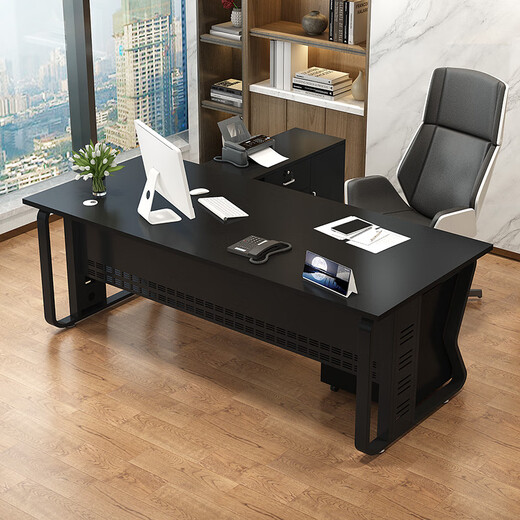 Fu Mei desk boss desk modern simple steel wood executive desk leader desk president manager desk computer desk and chair combination light walnut desktop + white shelf 120*60 single table thickened 25mm desktop