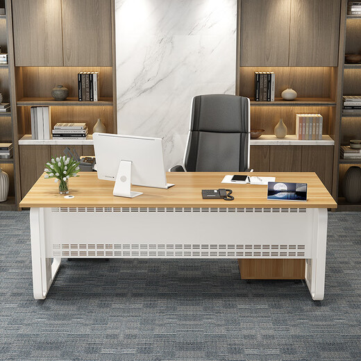 Fu Mei desk boss desk modern simple steel wood executive desk leader desk president manager desk computer desk and chair combination light walnut desktop + white shelf 120*60 single table thickened 25mm desktop