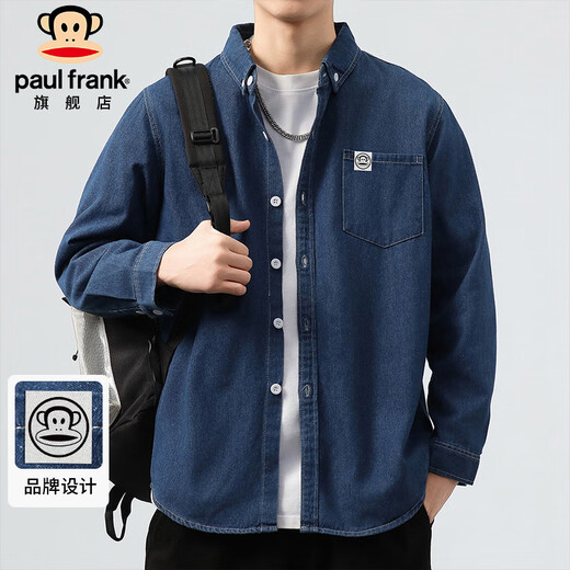 Paul Frank long-sleeved shirt men's spring and autumn casual denim shirt men's jacket men's trendy top men's dark blue XL