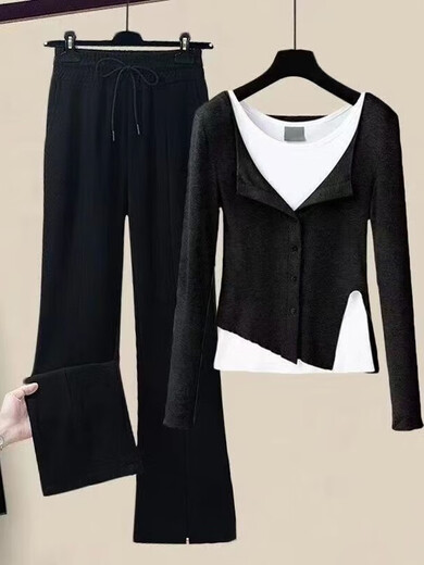New women's suit spring and autumn gray fake two-piece tops bottoming shirt slit wide-leg casual pants three-piece set for women gray top + vest + gray pants three M