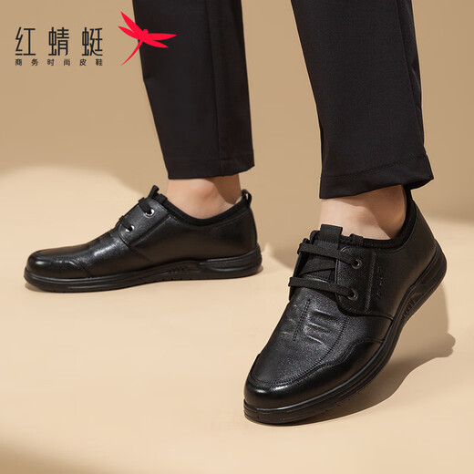 Red Dragonfly (RED DRAGONFLY) men's shoes Spring 2025 new flat-soled lace-up breathable leather casual leather shoes for men middle-aged and elderly daddy shoes Black Single-layer WTA15268 38 (240mm)