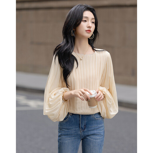 Demana Gentle Everyday Spring Cream Grainy Beaded Chiffon Shirt Lantern Sleeve Lady's Shirt Women's Top
