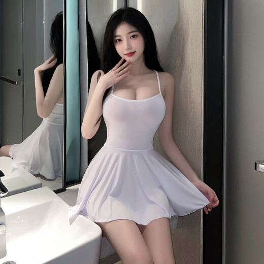 
Sexy suspender nightgown seductive silky open-shirts without taking off pajamas Pure and cute campus style 6625 One size - White suspender skirt + T-pants exciting and fun suit