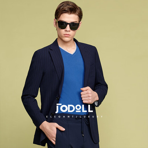 Jodoll Jodon Herrenanzug Single Western Business Casual Bright Seide Vertikale gestreifte Wolle kleine Anzug Jacke Männer Marine Blue XL 52B