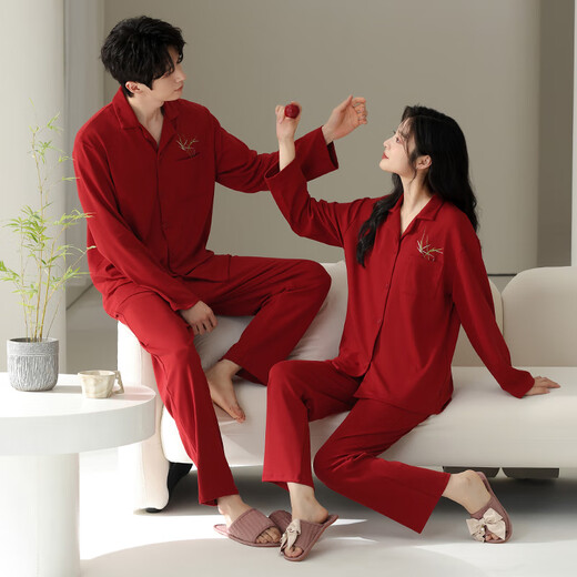 莫代尔新款结婚睡衣女新婚情侣纯棉新人套装红色喜庆长袖家居服可外穿 男757女857 M 女+男XL(礼盒包装）