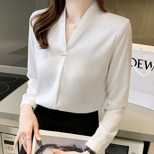 Plain brocade white shirt women's professional formal wear spring and summer long-sleeved loose white shirt women's suit with flight attendant interview top pure white long-sleeved V-neck shirt one size
