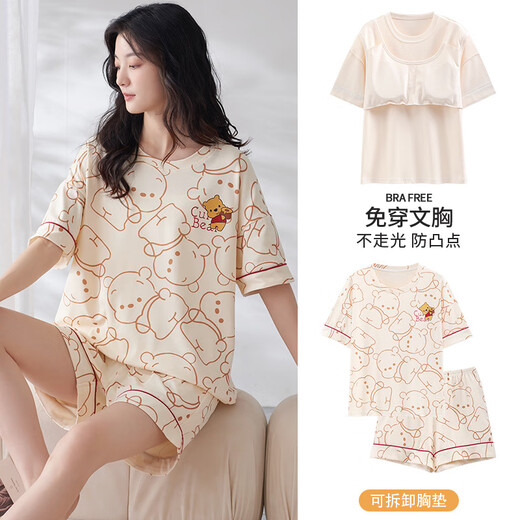 帕兰朵睡衣女夏季纯棉自带胸垫一体2025年新款女士夏款学生宿舍家居服夏 ZX:C6210杏色图标灰裤 带胸垫短 2XL 【24小时内发货】