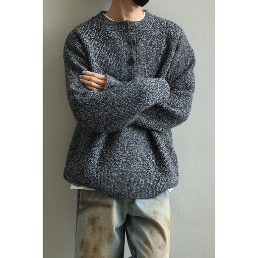 LH store autumn and winter retro lazy style Henry neck sweater boys' round neck sweater jacket light gray sweater upgraded version high quality XXS m
