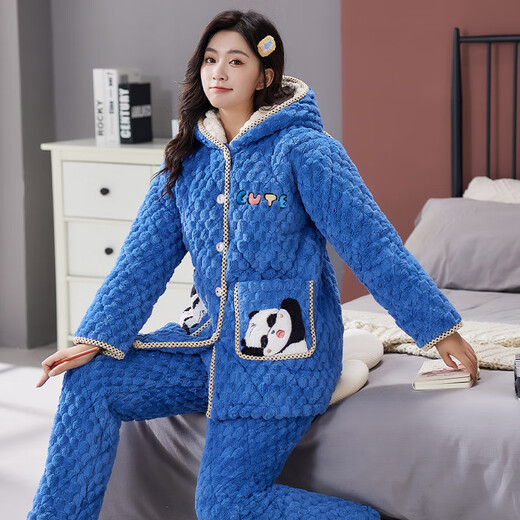 Pyjamas von BEIXINGTONG für Frauen mit dreischichtiger Baumwolle im Winter und samtdickter Korallenmerze Neues Flanell warmes Kapuze-Kleidungsstück [2 Teile) BXT-6636 XL [Vorgeschlagen 115-140jin [Jin gleich 0,5 kg]]