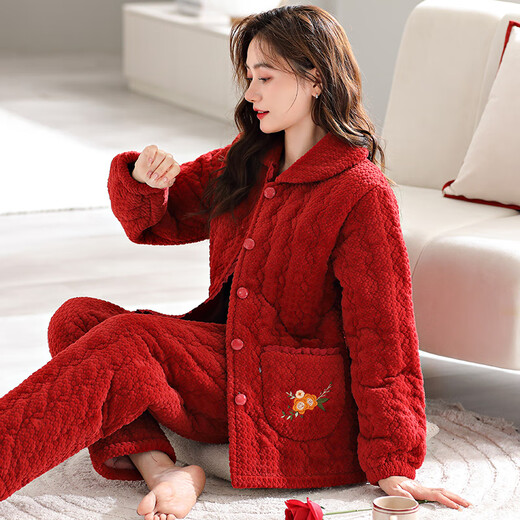 莫代尔睡衣女冬季三层加厚珊瑚绒夹棉袄秋冬大红色本命年家居服新款 9277 M 【建议80-100斤】 三层加厚