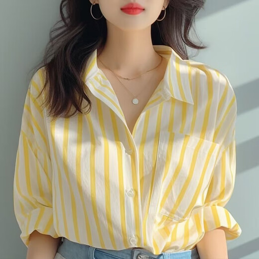Harudi amarillo y blanco Camisa vertical a rayas para mujeres 2025 Camisa nueva y verano Camisa europea Camisa con protector de sol caliente Amarillo lásico L [110-125Jin [Jin equivale a 0.5 kg]]]