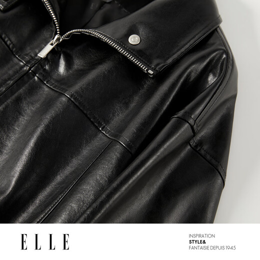 ELLE French modern short leather jacket for women 2025 spring new fashionable PU leather design chic top black L