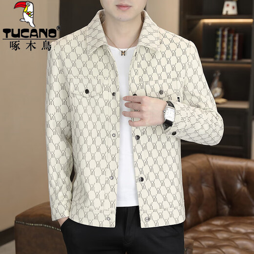 Woodpecker jacket men's spring and autumn new short jacket trendy casual versatile lapel men's tops 8357 Khaki XL 125-140Jin Jin equals 0.5 kg