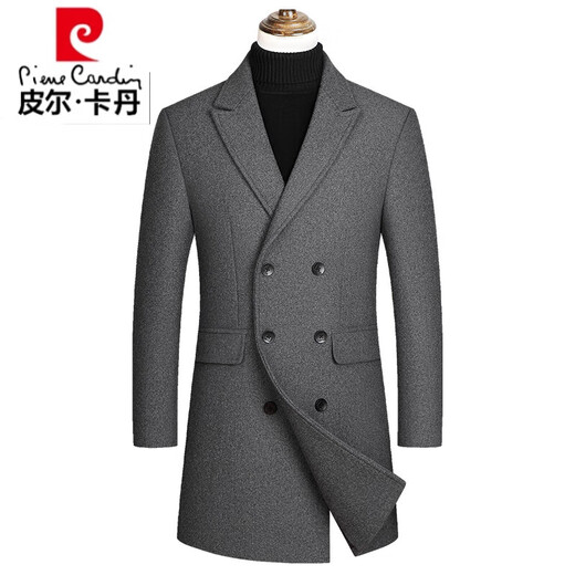 皮尔卡丹断码男装毛呢大衣男中长款韩版呢子风衣双排扣青年羊毛呢外套 灰色 3XL /190
