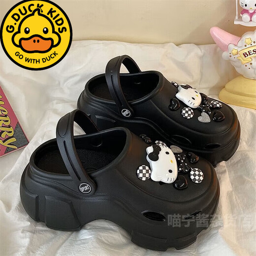 G·DUCK KIDS儿童拖鞋夏季新款厚底洞洞鞋女凯蒂猫增高防滑软底包头拖鞋 白色+粉蝴蝶结猫[厚底7.0]EVA 36 -37[适合35-36]