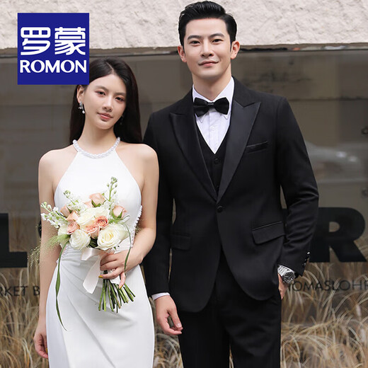 ROMON Groom Wedding Suit Men's Three-piece Korean Slim Tuxedo Dress Suit Business Professional Formal Black Suit Top + Vest + Pants + Shirt Gift Pack XL -48 120-135 Jin Jin equals 0.5 kg