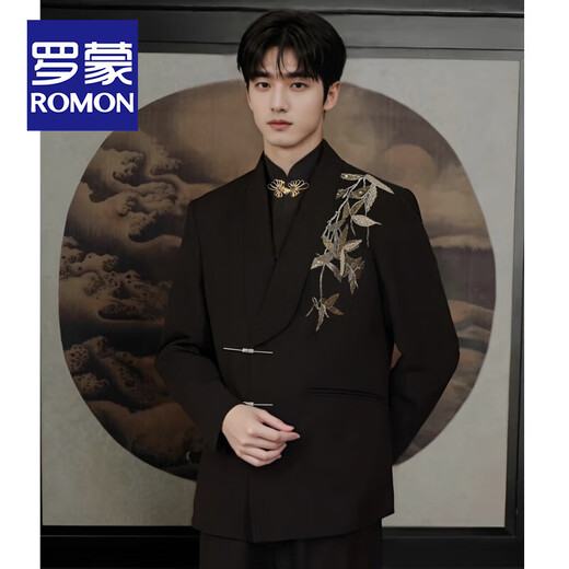 Romon (Romon) Neues chinesisches Männer-Verlobungsanzug Set chinesischer Stil Goldkragen Zhongshan-Anzug Gold Bambus gestickter Jungen Erwachsener Kleid Anzug neu