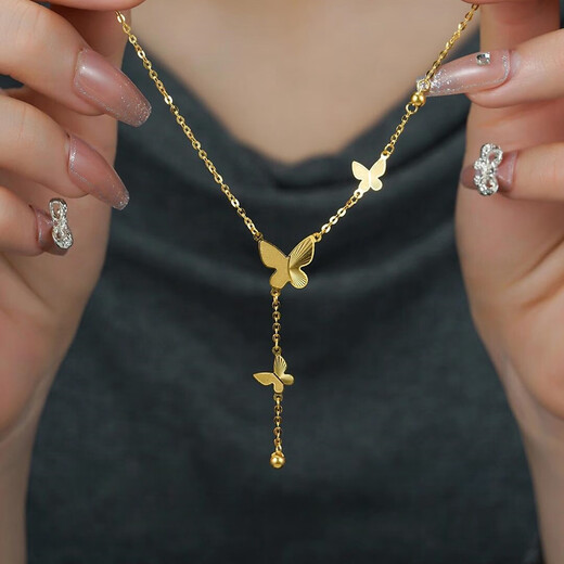 Junbu Hong Kong gold bow tassel clavicle necklace 999 pure gold pendant as a birthday gift for girlfriend Butterfly set chain 1 gram gold 5D hard gold + tungsten core
