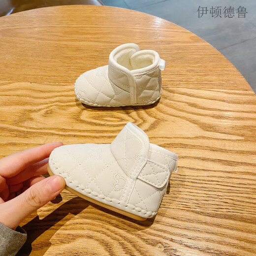 伊顿德鲁婴儿鞋袜秋冬季软底不掉0一1岁6到12个月男女宝宝加绒保暖软底鞋 卡其色2387 17码内长13.0cm(适合10-14个月)
