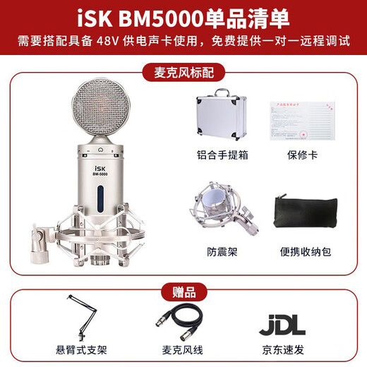 ISKBM5000 large diaphragm 48V condenser microphone microphone Douyin K song professional live broadcast equipment computer mobile phone recording and shouting sound card set optional bm5000 single product (set optional)