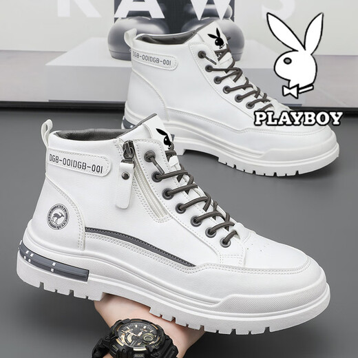 Playboy (Playboy) Zapatos para hombres High Top Otoño e Invierno Nuevo 2025 Casual Retro Retro espesa Altura que mejora los zapatos de cuero transpirable Botas de moda para hombres Martin White Grey 844 41