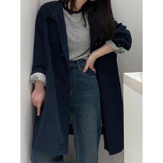
Yuebanqing (YUEBANQING) retro navy blue hooded work clothes trench coat for women in spring and autumn medium-length versatile loose coat coat Navy blue [Suggested weight 100-120 Jin [Jin equals 0.5 kg]] L