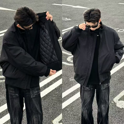 Star Reaching Boys Three-piece Flight Jacket Cotton Jacket Men's Winter Thickened American Cotton Jacket Work Wear Short Suit Baseball Uniform Black Cotton Jacket + Pure Black Long T + Black Jeans XL