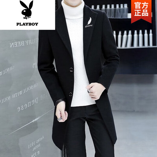 Playboy (PLAYBOY) windbreaker men's autumn and winter new Korean style trendy woolen windbreaker men's mid-length cotton thickened woolen jacket men 617 black L 110-120Jin Jin equals 0.5 kg