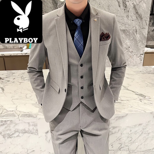 Playboy (PLAYBOY) men's suit suit Korean version slim fit groom wedding formal dress casual British iron-free suit jacket 1818 light gray suit + pants + vest XL recommended 120-135 Jin Jin equals 0.5 kg