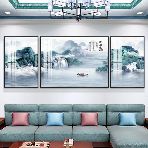 新中式客厅装饰画简约大气沙发背景墙软装壁画办公室山水风景挂画 TXMG4867 中间70*50cm/左右35*50cm适用2
