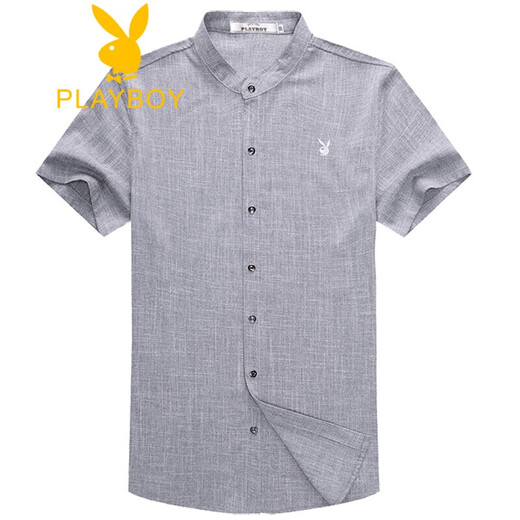 花花公子（PLAYBOY）中年男棉麻立领短袖衬衫衣夏季薄款宽松大码商务爸爸装圆领衬衣寸 浅兰 Z6636格子浅兰 S 165/84A