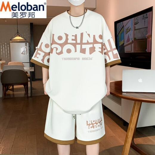 美罗邦 MELOBAN青少年夏季新款男士薄款宽松潮流帅气港风印花运动休闲百搭套装潮 9926米色 M 参考90-100斤左右