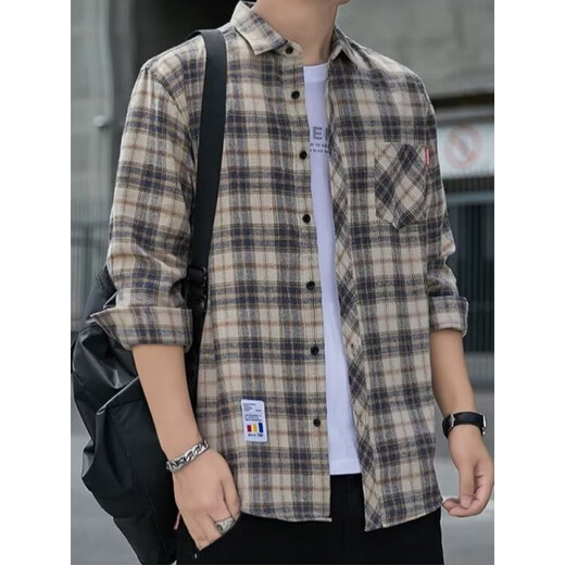 婉曼朵格子休闲衬衫男士春秋季长袖衬衣韩式上衣服复古宽松夏季薄款外套 12109绿色( 加绒 M  90-110斤