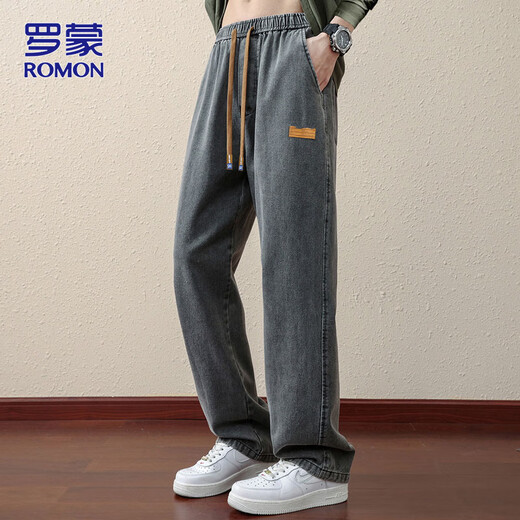 
ROMON jeans men's summer loose casual pants men's straight wide-leg pants men's trousers trendy dark gray XL