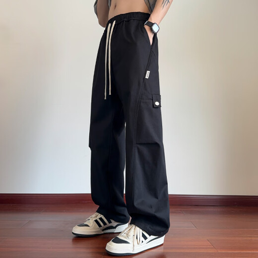 
Dingfengbaoluo pure cotton work pants men's retro versatile American casual handsome scimitar wide-leg long pants ZX02 black XL