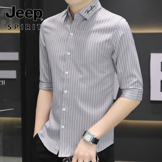 JEEP SPIRIT美式高端新款夏季弹力冰丝七分袖衬衫抗皱免烫薄款男士中袖衬衣潮 682-白色 M 80斤-100斤