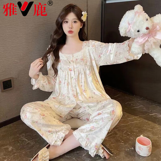 雅鹿金丝绒睡衣女春秋款冬季长袖开衫卡通猫咪感家居服可外穿ins 9905条纹 2XL 建议135-150斤