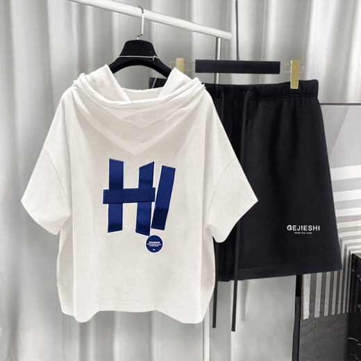 夏品丽港风连帽短袖套装男夏季潮流印花T恤整套 灰色9215 S  适合(85-105斤)
