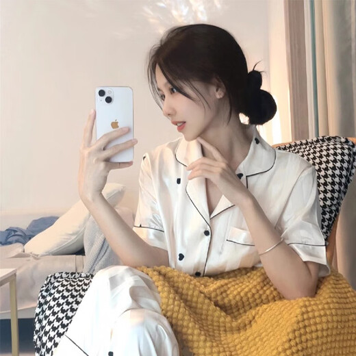 港莲娅冰丝睡衣女春秋款爱心新款家居服秋季女士感大码套装宽松夏季 高品质-f-9905短袖长裤 M  建议80-100斤