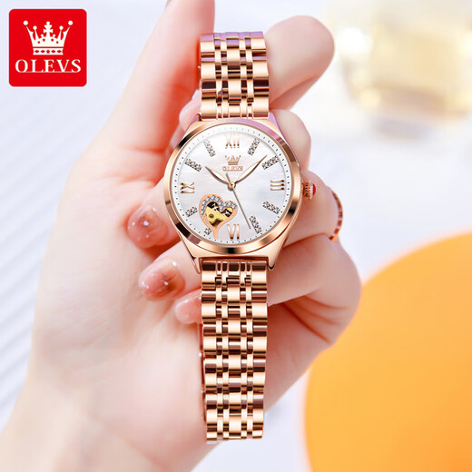 
OLEVS Swiss certified brand watch women's fully automatic mechanical watch fashion temperament women's watch hollow women's watch gift OLEVS-6636-Rose steel white surface